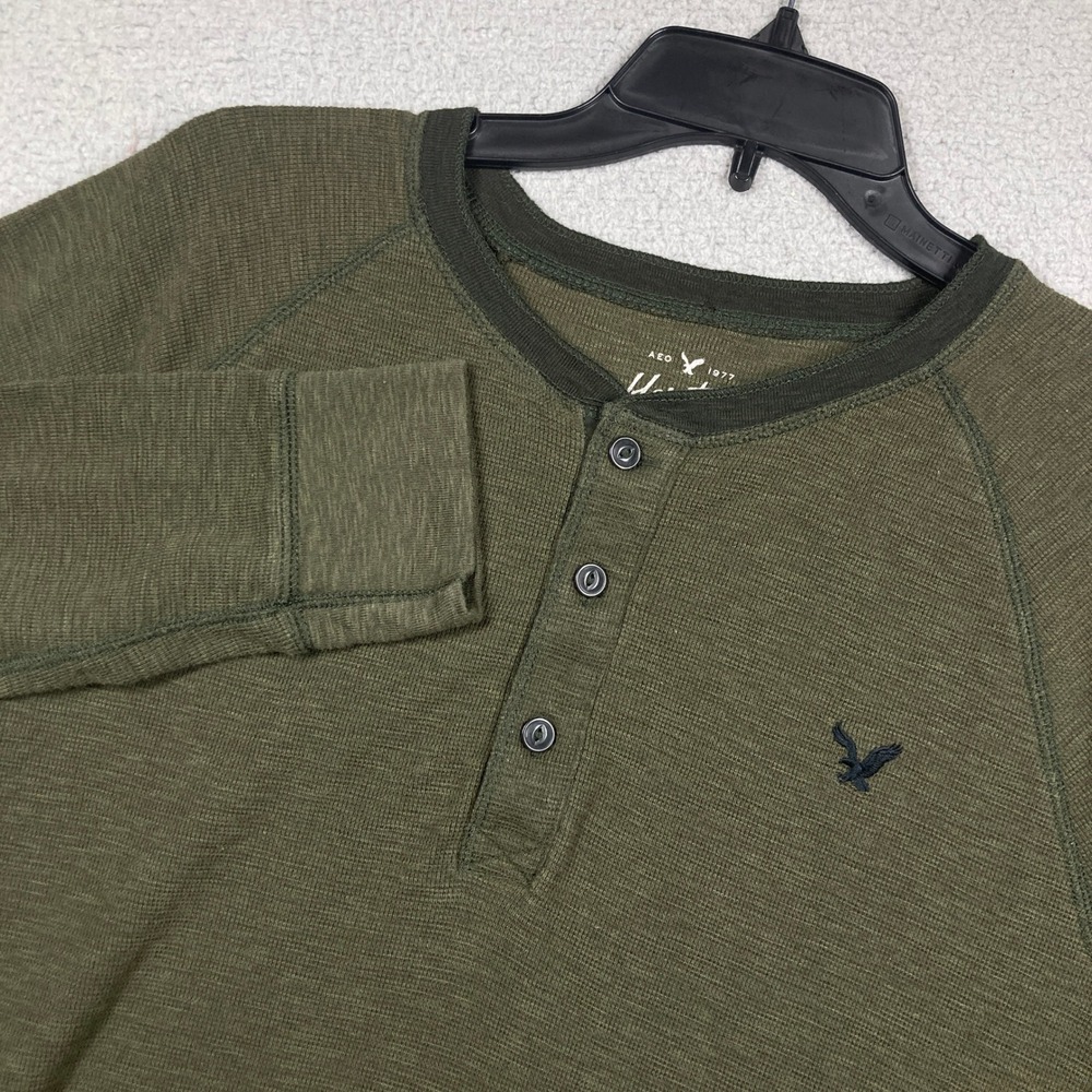 American Eagle Henley Men L Olive Green Heritage Thermal Classic Fit Long Sleeve